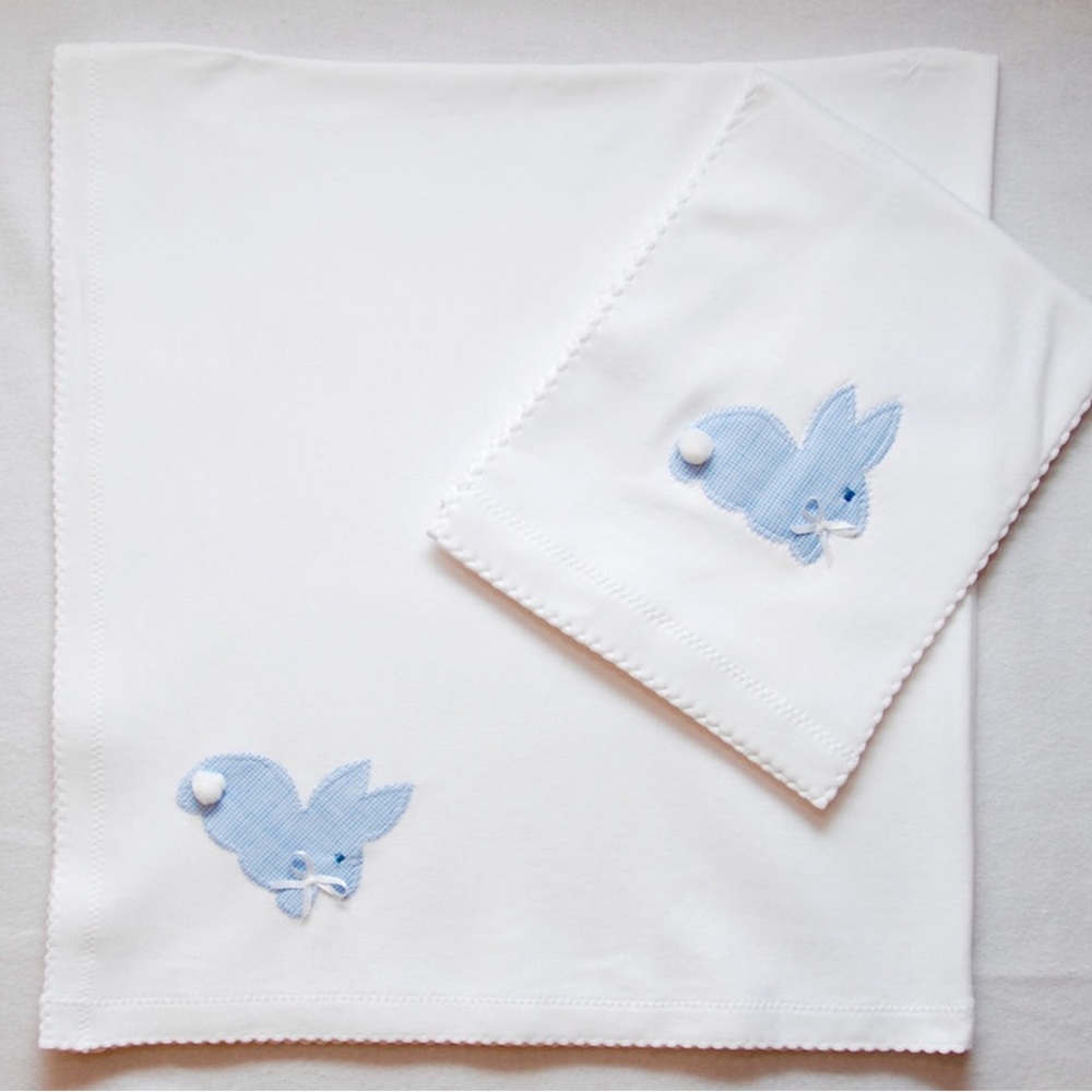 JJ GOWN Pima Cotton Blue Gingham Bunny Burp Cloth